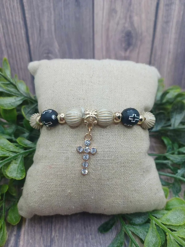 Black, Tan, & Gold Beaded Cross Bracelet w/ Cross Charm